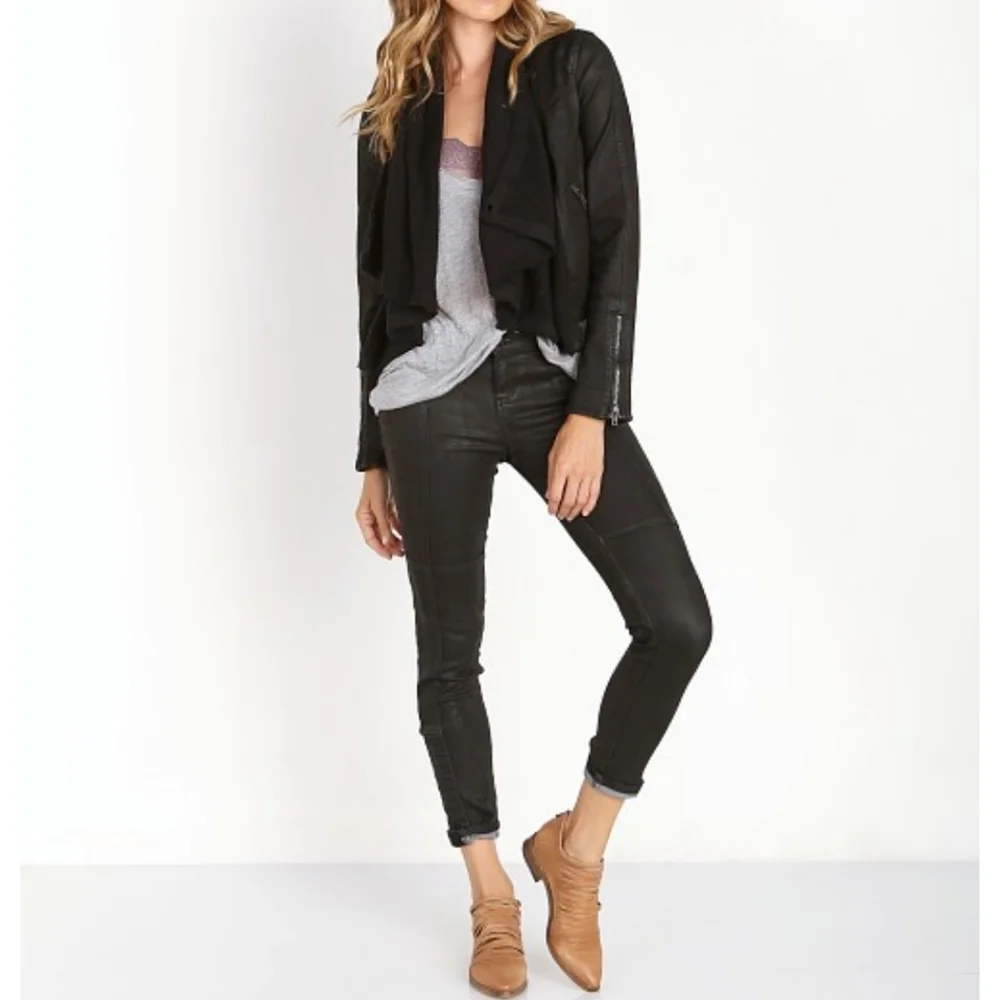 Free people black jacket coated denim front draped knit detail sz.0 - Picture 14 of 16